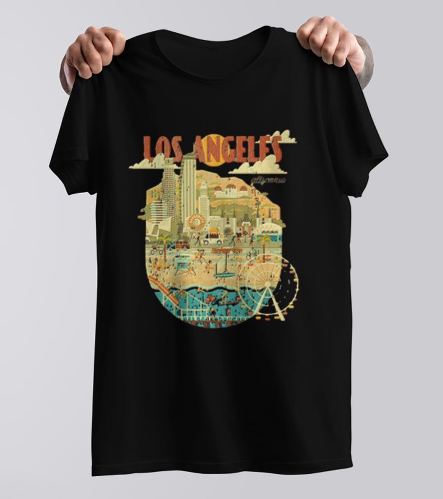 Los Angeles California Skyline Ferris Wheel And Beach Scene T-Shirt