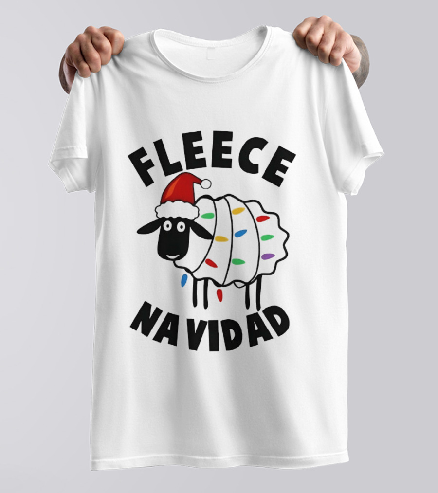 Fleece Navidad Christmas Sheep In Santa Hat With Holiday Lights Pun T-Shirt