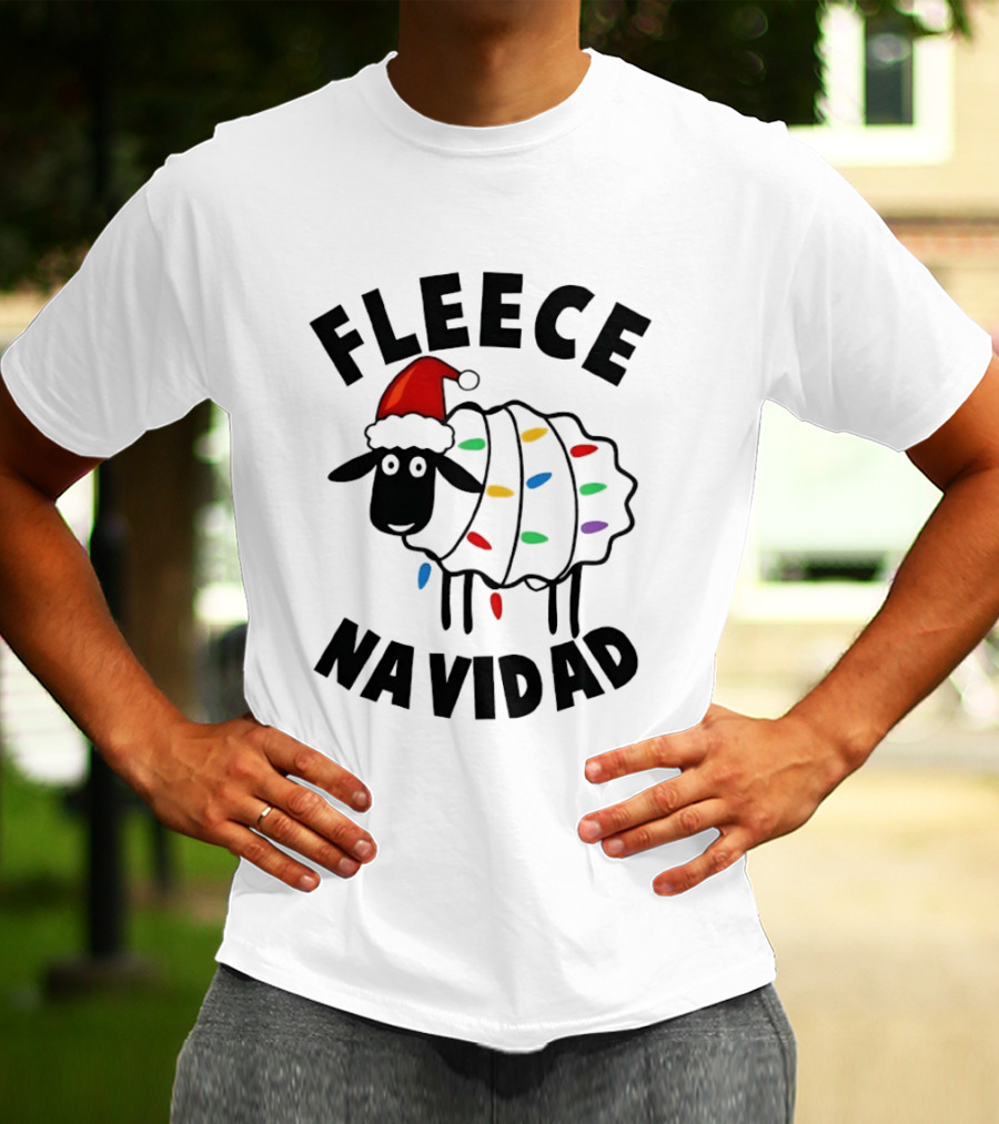 Fleece Navidad Christmas Sheep In Santa Hat With Holiday Lights Pun T-Shirt