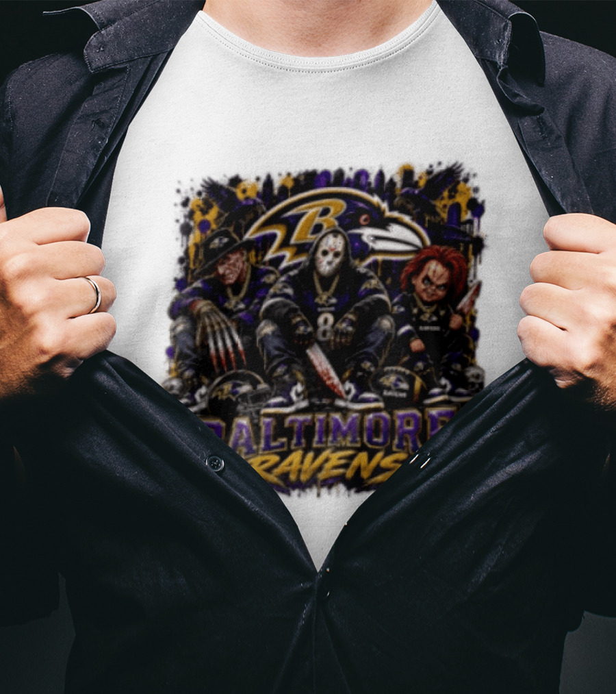 Freddy Krueger Jason Voorhees Chucky Baltimore Ravens Halloween Horror T-Shirt