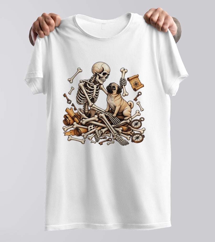 Skeleton Holding Bone With Pug Surrounded By Compass Keys And Treasure Maps T-Shirt