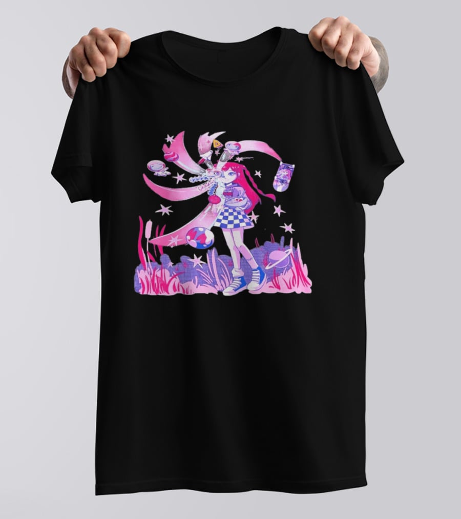 Anime Girl Space Ramen Checkered Skirt Pink Cosmic Stars T-Shirt