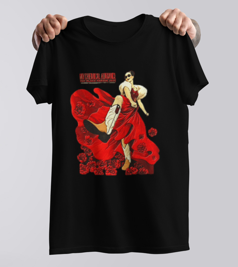 My Chemical Romance The Black Parade Tour 2025 Woman Red Dress Cowboy Boots Flowers T-Shirt