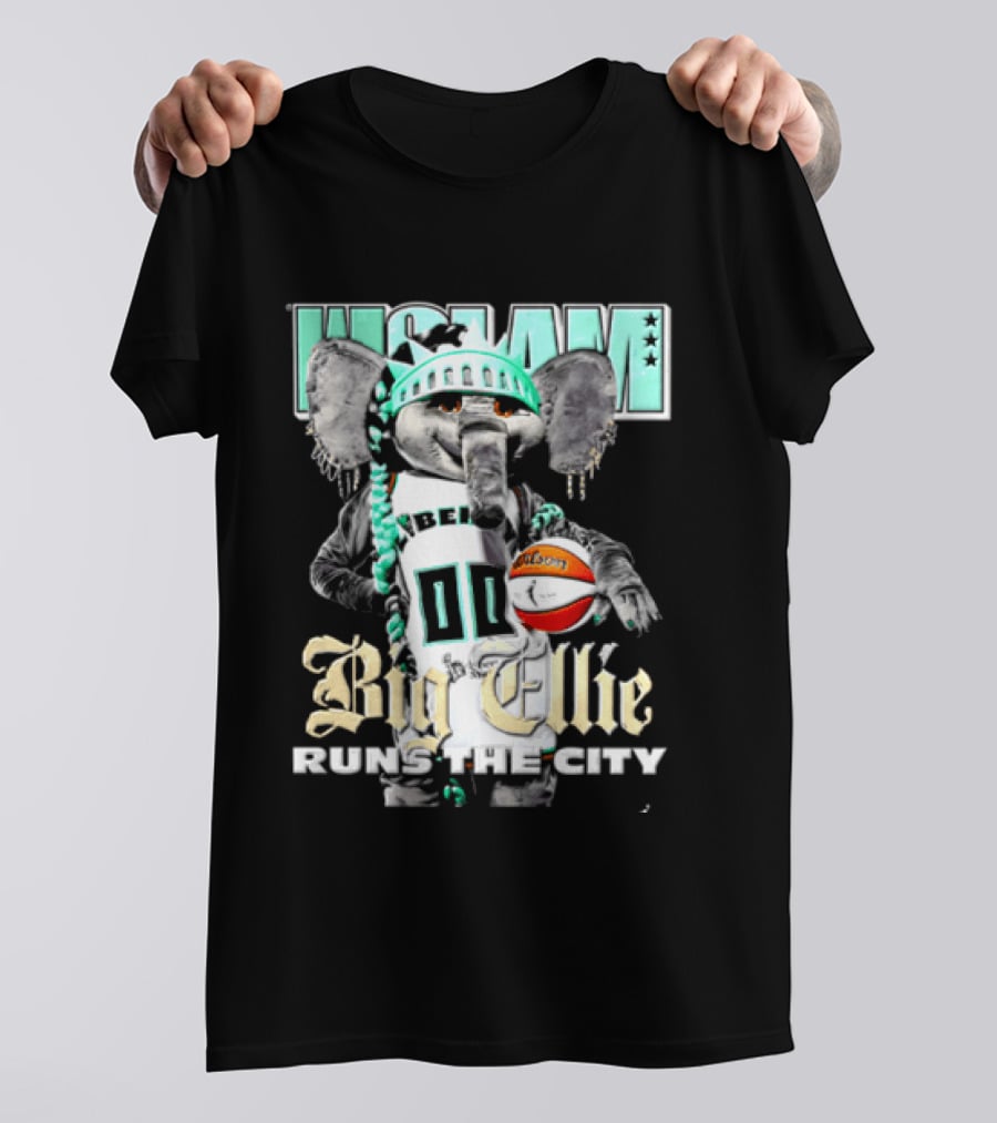 New York Liberty Big Ellie Runs The City Statue Crown Basketball T-Shirt