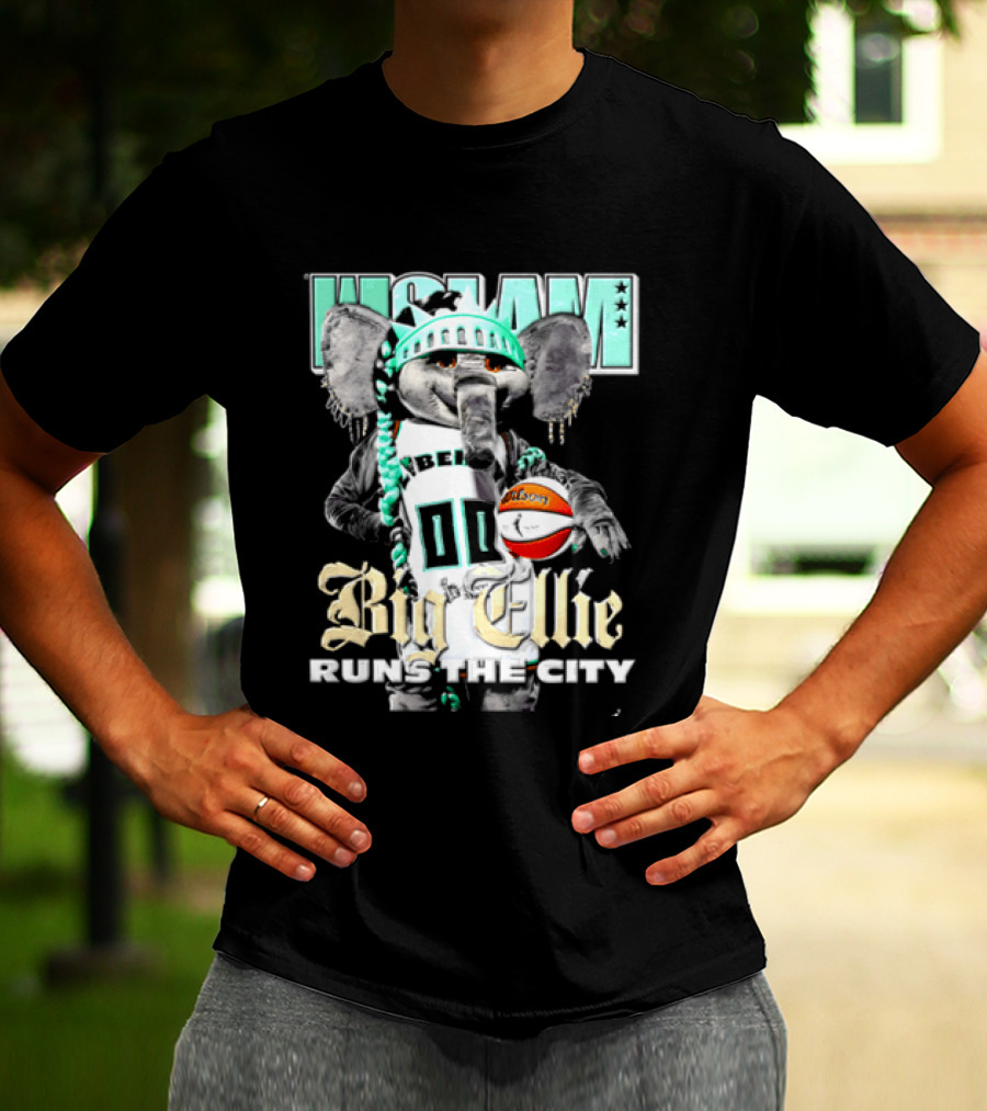 New York Liberty Big Ellie Runs The City Statue Crown Basketball T-Shirt