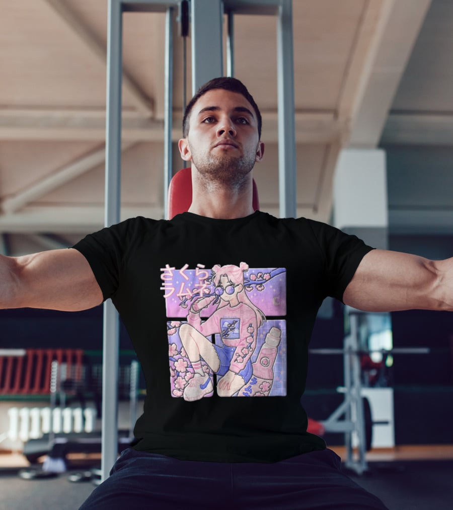 Anime Girl Drinking Pink Soda Sakura Blossoms Pastel Aesthetic T-Shirt