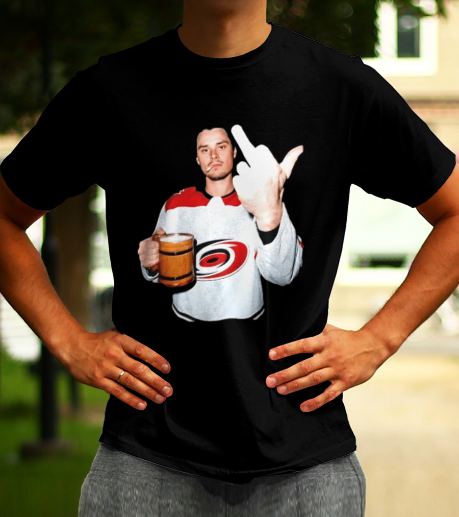 Sebastian Aho Carolina Hurricanes Wooden Beer Middle Finger Gesture T-Shirt
