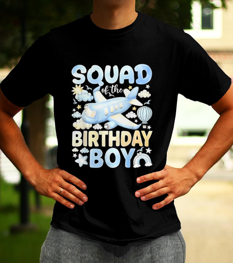Squad Of The Birthday Boy Airplane Cloud Adventure With Stars And Balloons T-Shirt