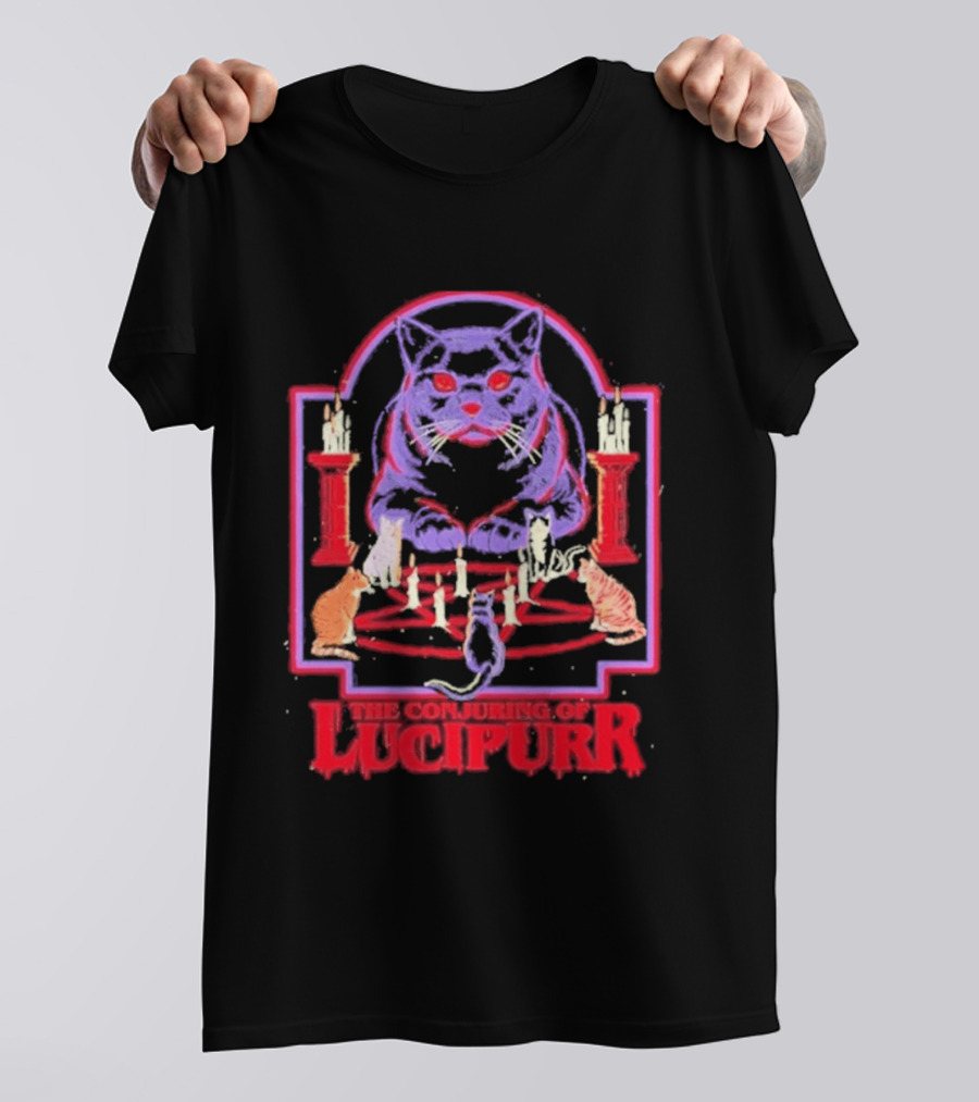 The Conjuring Of Lucipurr Cat Candle Pentagram Ritual T-Shirt