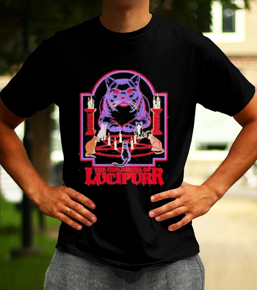The Conjuring Of Lucipurr Cat Candle Pentagram Ritual T-Shirt