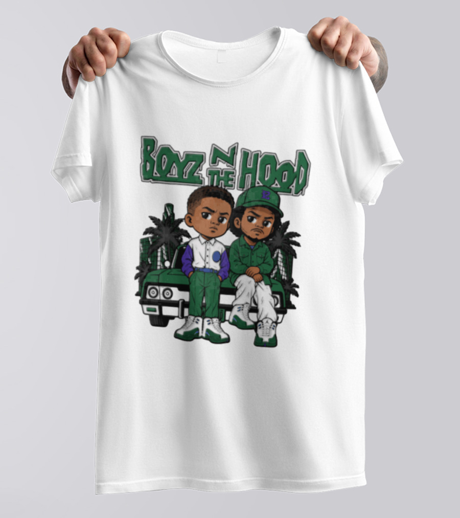 Boyz N The Hood Cartoon Boys Green Car Palm Trees T-Shirt