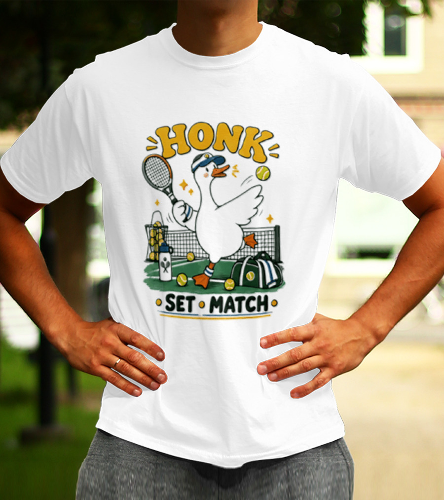 Honk Set Match Duck Playing Tennis Cartoon T-Shirt