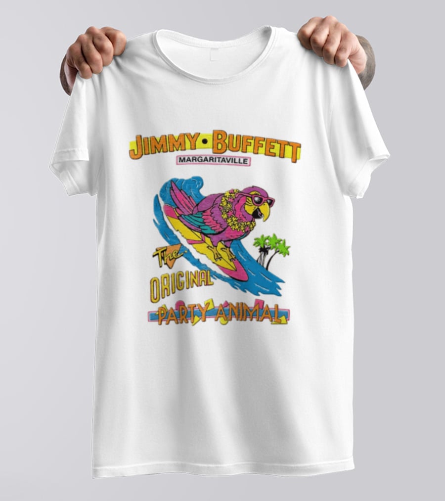 Jimmy Buffett Margaritaville Original Party Animal Parrot Surfing Wave T-Shirt