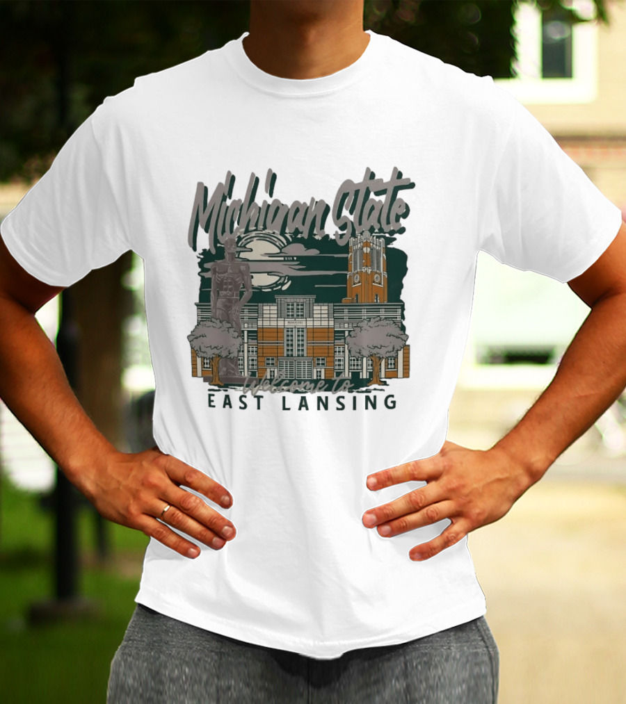 Michigan State University Welcome To East Lansing Scenic Campus Architecture And Famous Spartan Statue T-Shirt