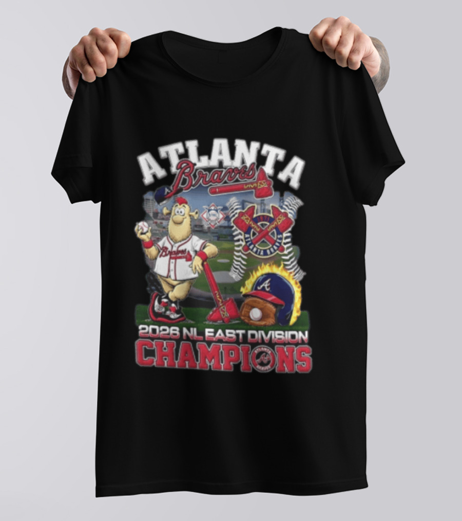 Atlanta Braves 2026 NL East Division Champions Stadium With Mascot And Baseball Bat T-Shirt