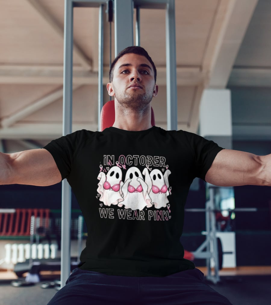 In October We Wear Pink Three Ghosts With Pink Bras Breast Cancer Awareness T-Shirt