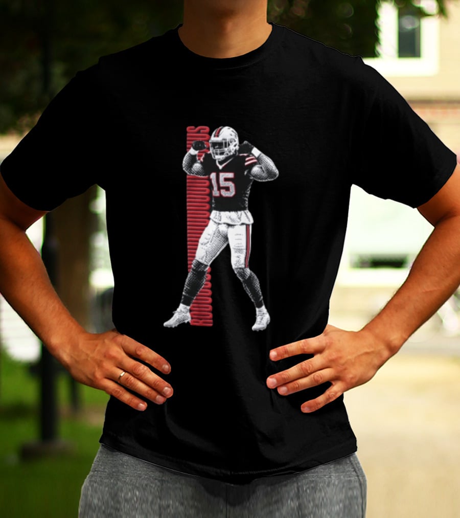 Buffalo Bills Rooouuuuudus 15 Football Player Flexing Arms Halftone NFL Fan T-Shirt