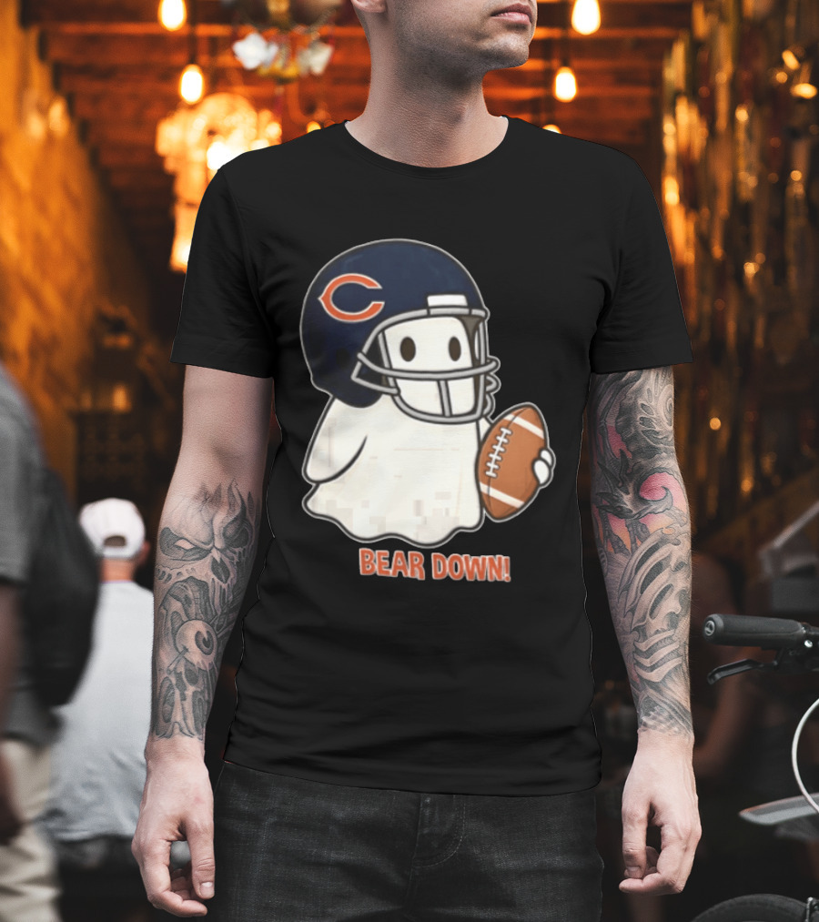 Chicago Bears Bear Down Ghost Football Helmet Holding Ball T-Shirt