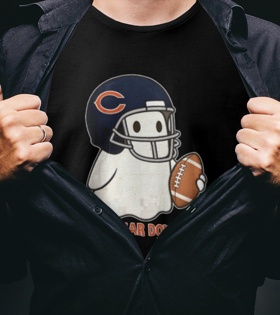 Chicago Bears Bear Down Ghost Football Helmet Holding Ball T-Shirt