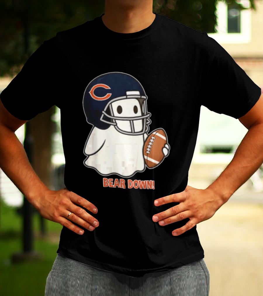 Chicago Bears Bear Down Ghost Football Helmet Holding Ball T-Shirt