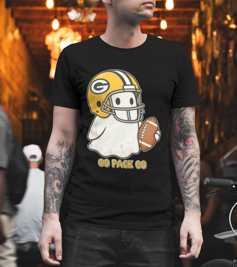 Go Pack Go Ghost With Green Bay Packers Football Helmet And Ball T-Shirt
