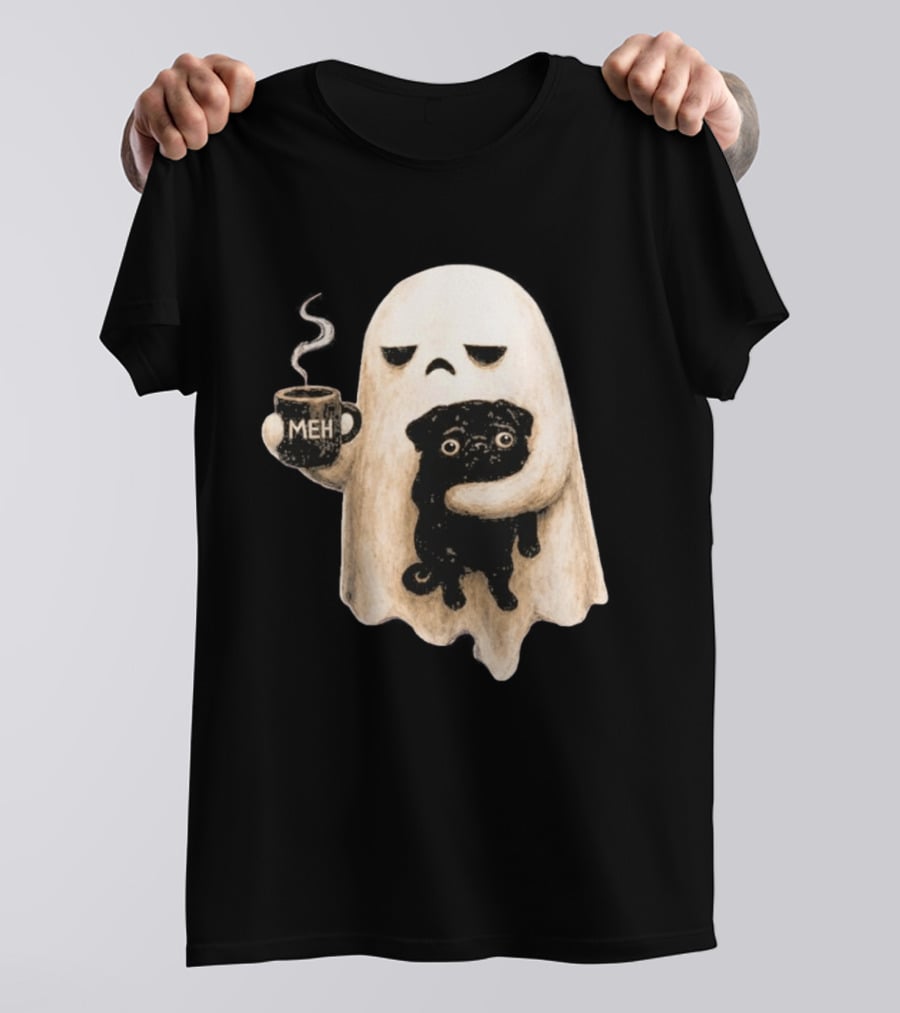Halloween Meh Ghost Holding Black Pug Dog Lover T-Shirt