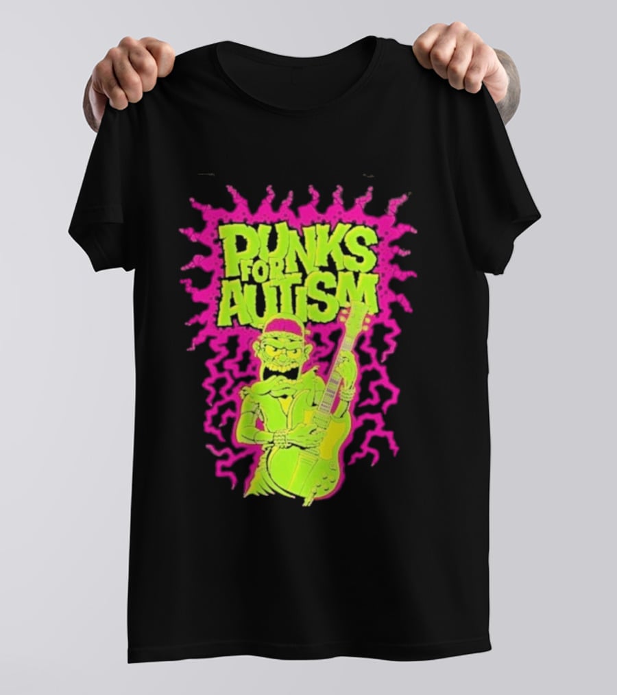 Punks For Autism Frankenstein Guitar Player Neon Rock T-Shirt