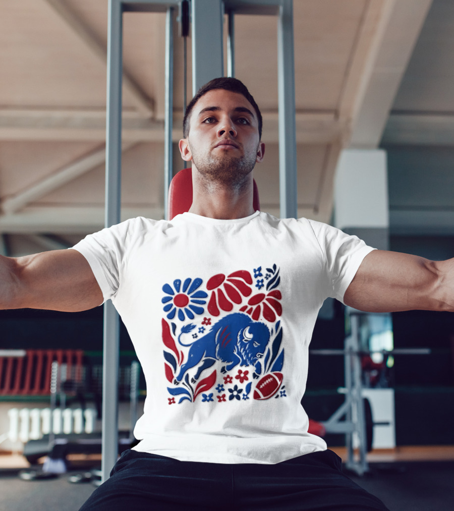 Buffalo Bills Charging Buffalo Red Blue Flowers Football T-Shirt