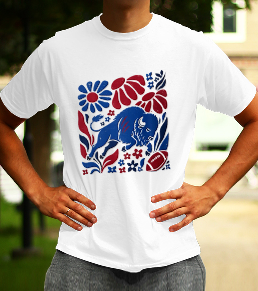 Buffalo Bills Charging Buffalo Red Blue Flowers Football T-Shirt