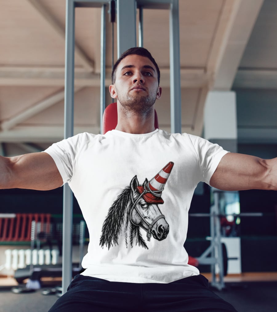 Horse Wearing Red Traffic Cone Hat Rope Accessory T-Shirt