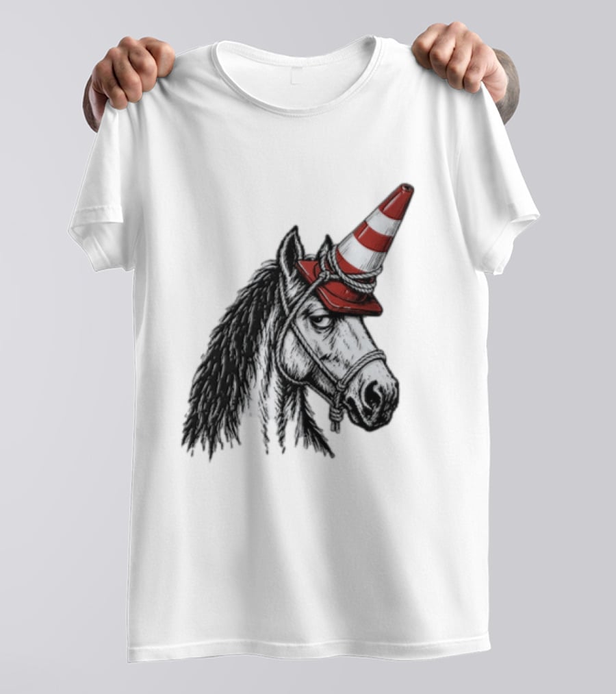 Horse Wearing Red Traffic Cone Hat Rope Accessory T-Shirt