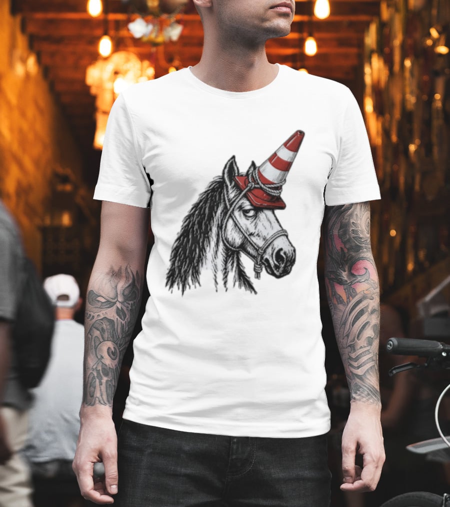 Horse Wearing Red Traffic Cone Hat Rope Accessory T-Shirt