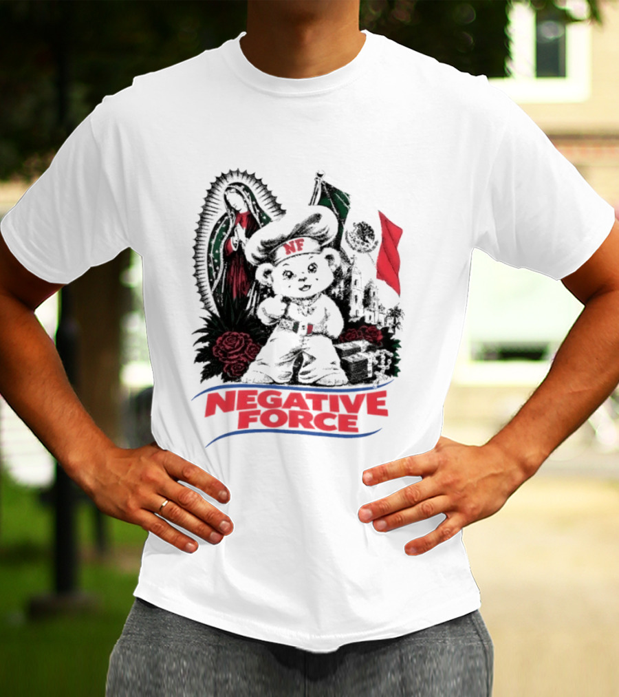 Negative Force Bear With Mexican Flag Virgin Mary Roses T-Shirt