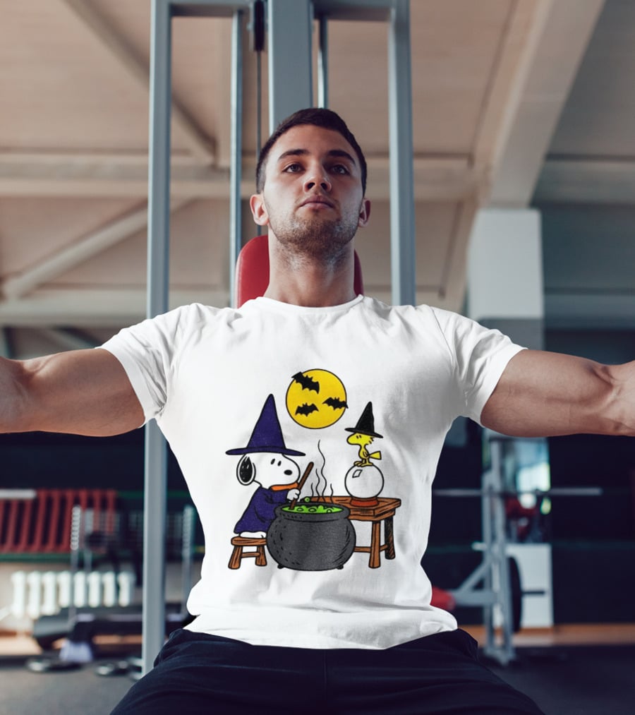 Snoopy Witch Cauldron Woodstock Crystal Ball Halloween Moon Bats T-Shirt