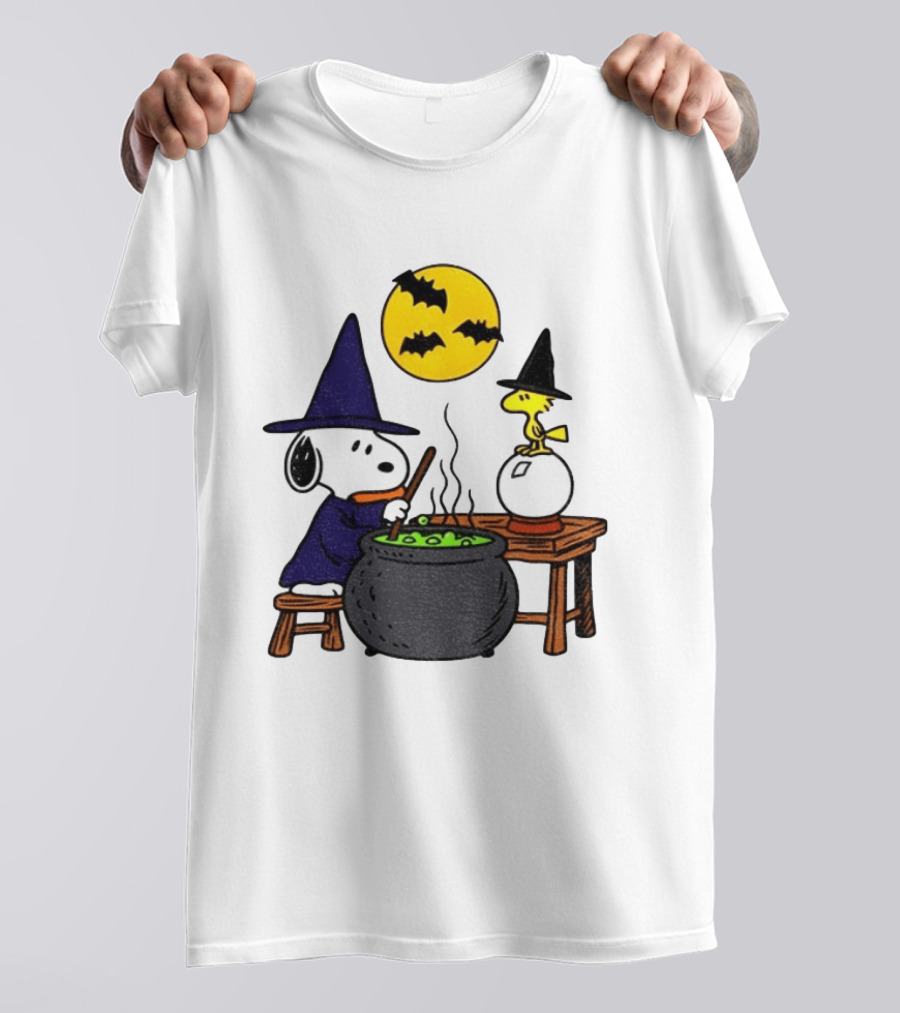 Snoopy Witch Cauldron Woodstock Crystal Ball Halloween Moon Bats T-Shirt