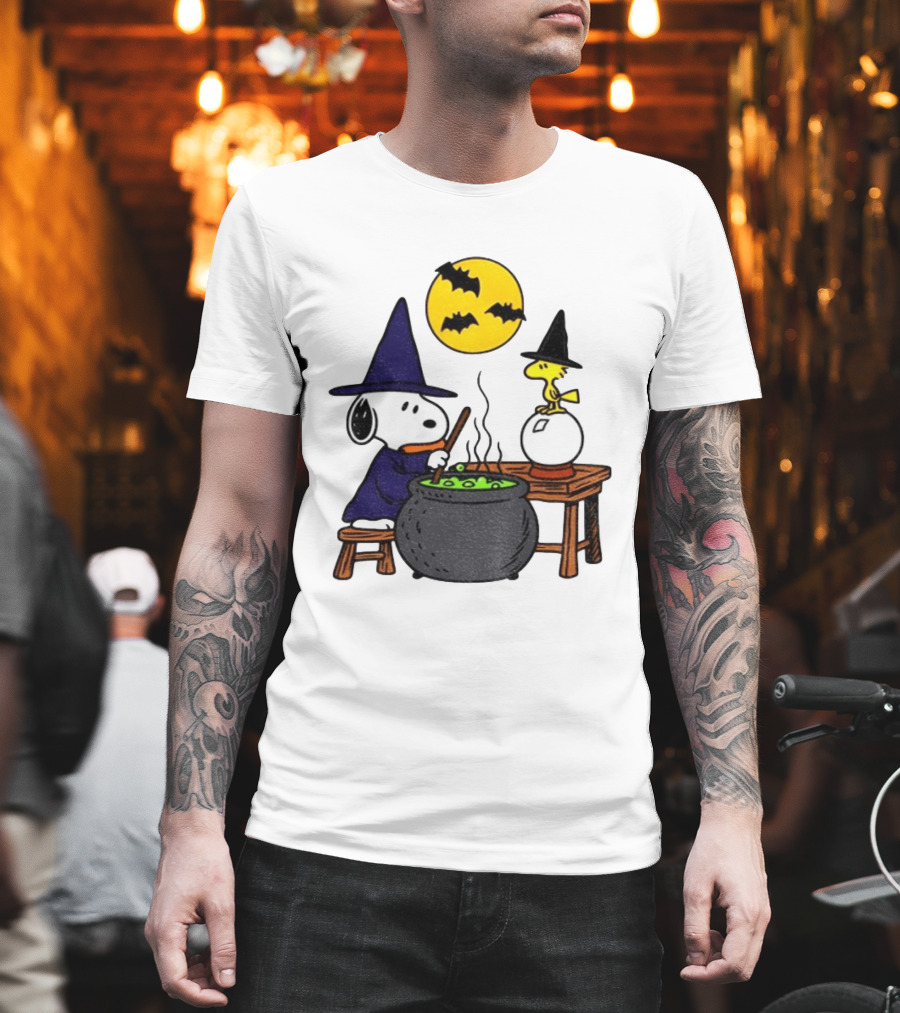 Snoopy Witch Cauldron Woodstock Crystal Ball Halloween Moon Bats T-Shirt