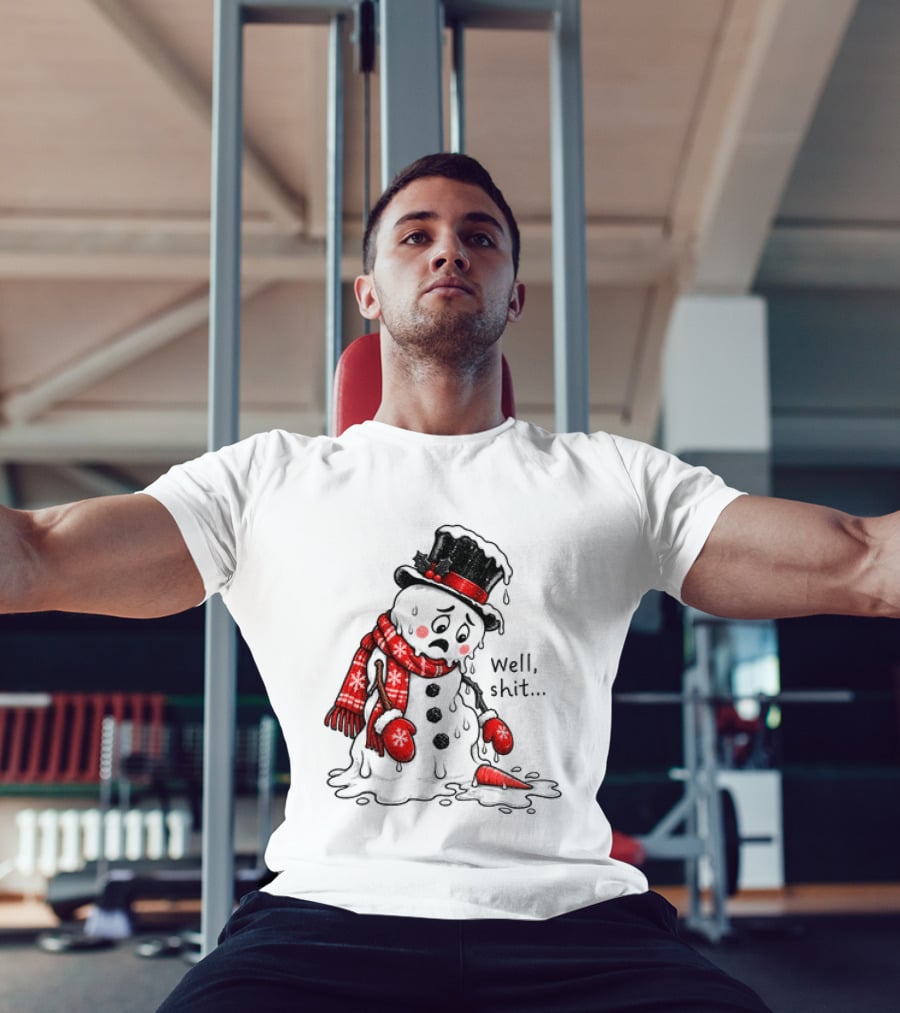 Well Shit Christmas Humor Melting Snowman With Hat And Scarf T-Shirt