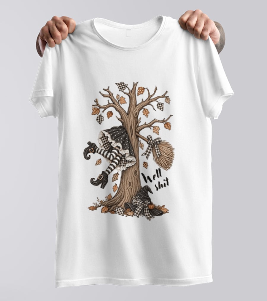 Well Shit Witch Halloween Tree Broom Black White Stripes Autumn Leaves T-Shirt