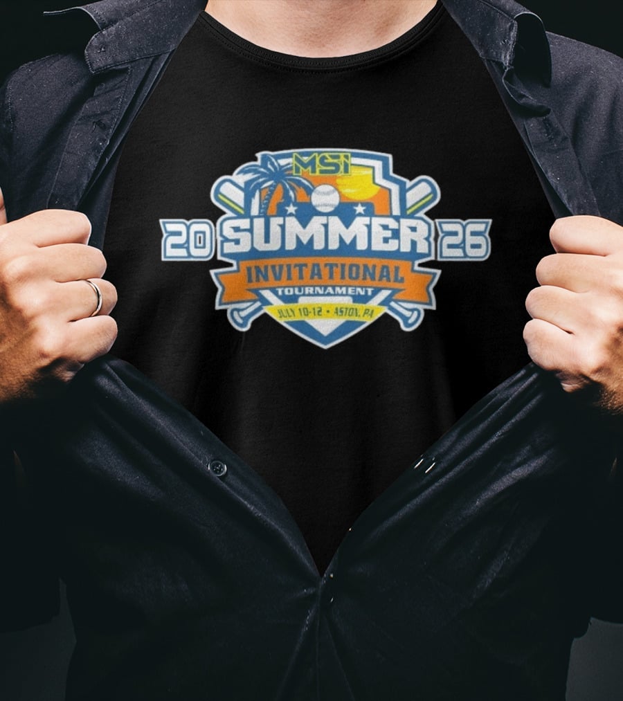 MSI Summer Invitational Tournament 2026 July 10 12 Aston PA Baseball Bat Beach Palm Tree Sunburst T-Shirt