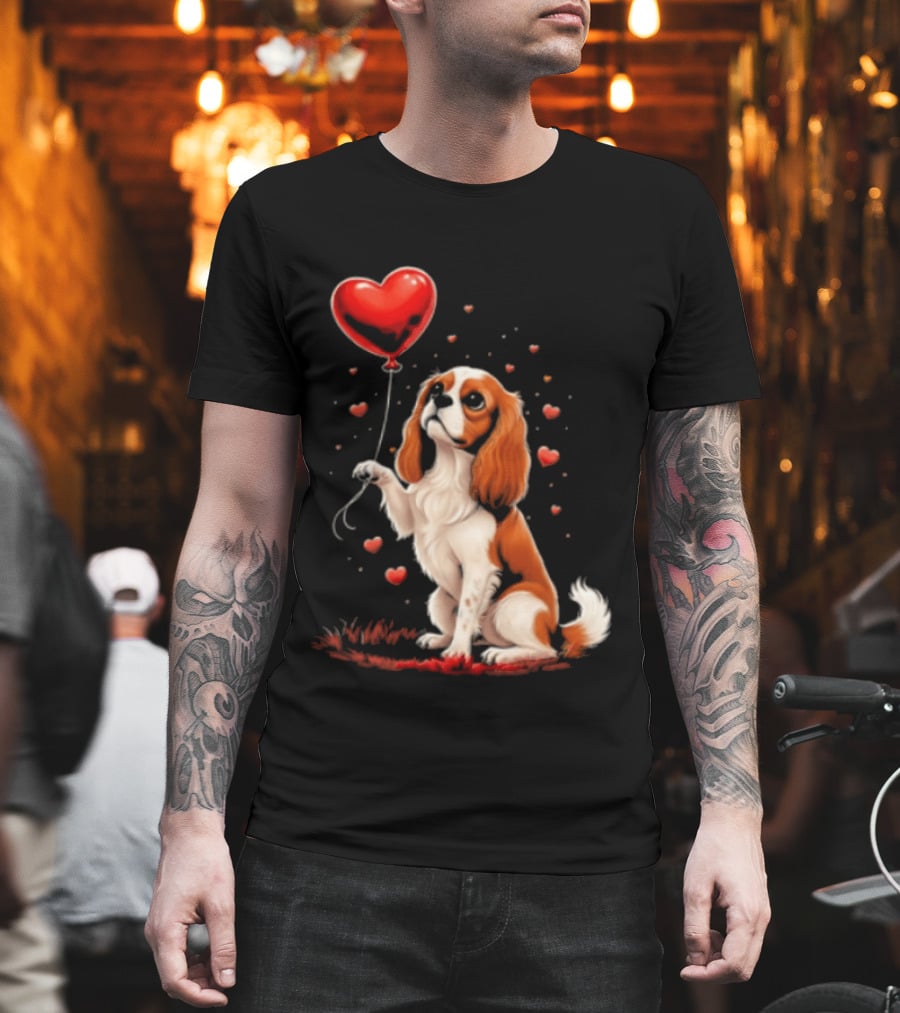 Cavalier King Charles Spaniel With Heart Balloon Surrounded By Floating Hearts T-Shirt