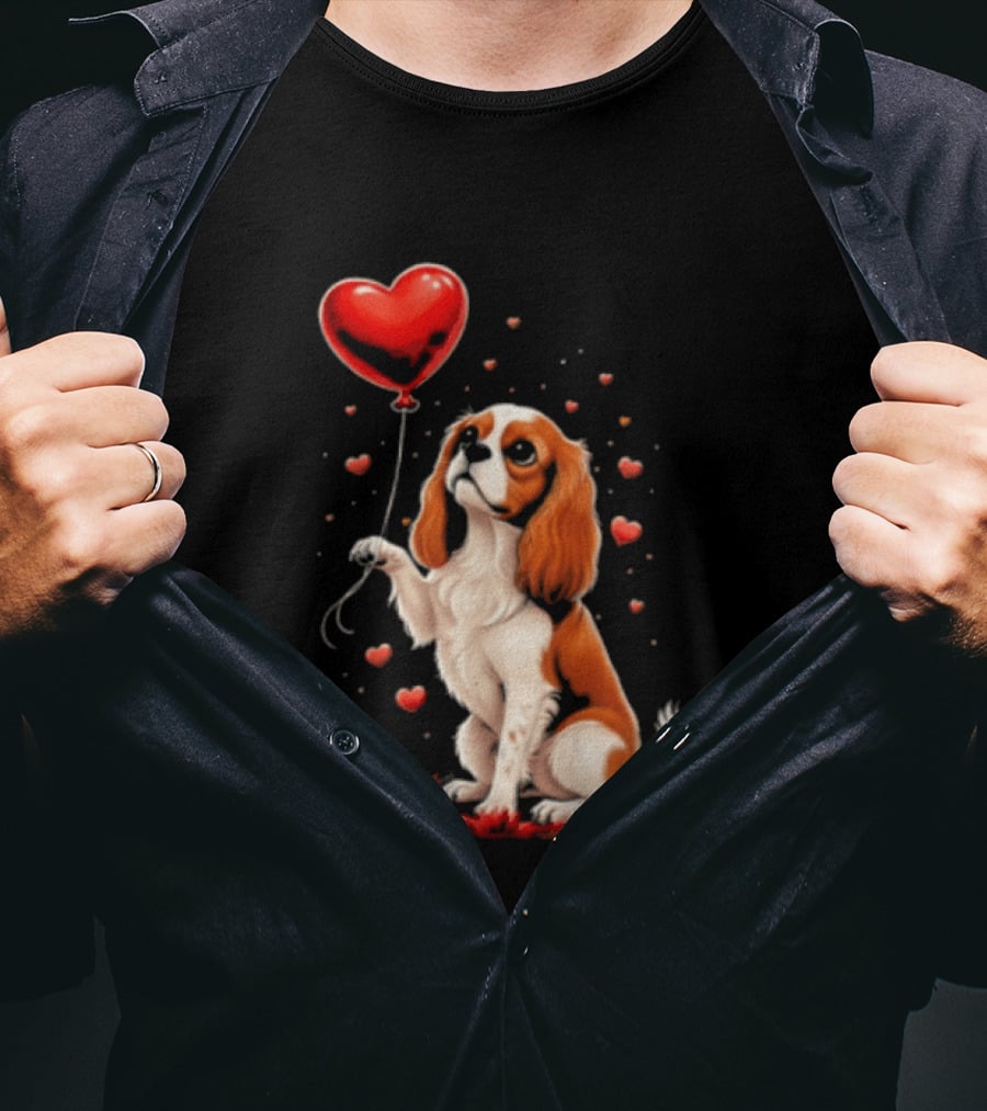 Cavalier King Charles Spaniel With Heart Balloon Surrounded By Floating Hearts T-Shirt