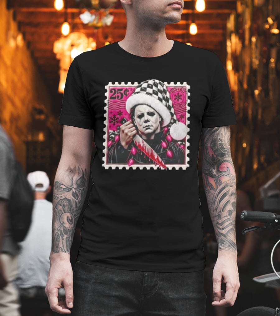 Cincinnati Bengals Michael Myers 25 Cent Checkerboard Santa Hat Holding Knife Pink T-Shirt