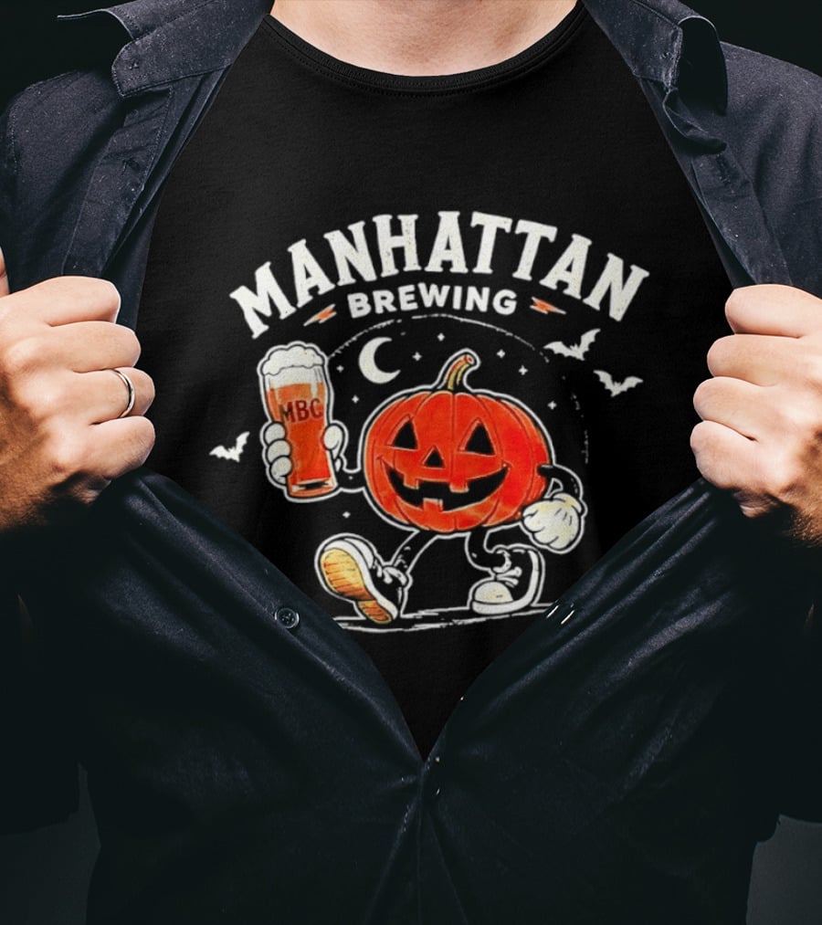 Manhattan Brewing Distressed Pumpkin Moon Walking Beer Halloween T-Shirt