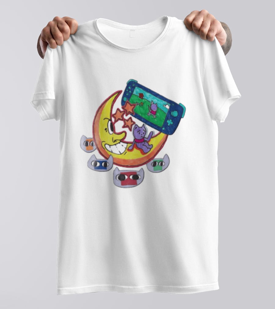 Purple Bear Gaming On Moon With Sunflowers And Dogs Whimsical Two Sided T-Shirt