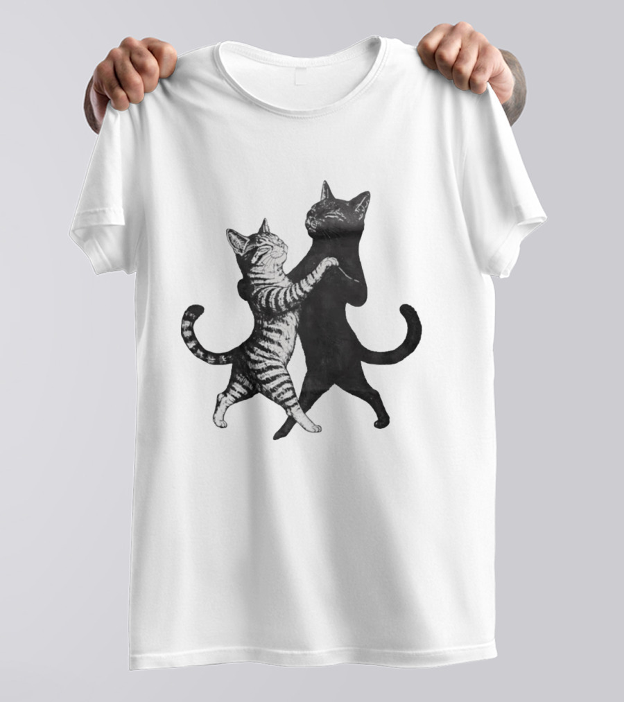 Two Cats Dancing Together Feline Black And White Playful Duo T-Shirt