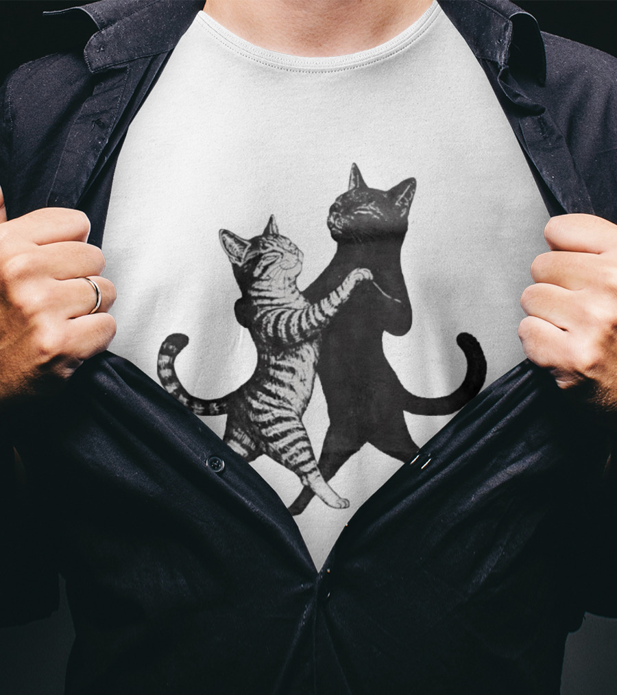 Two Cats Dancing Together Feline Black And White Playful Duo T-Shirt
