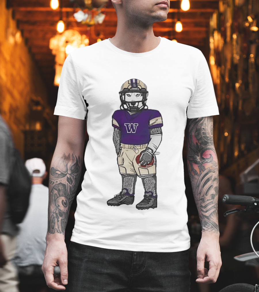 Washington Huskies Football Player Husky Mascot With Purple Jersey T-Shirt