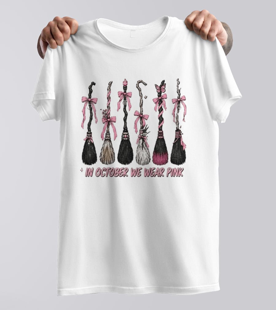 In October We Wear Pink Witch Brooms Breast Cancer Awareness T-Shirt