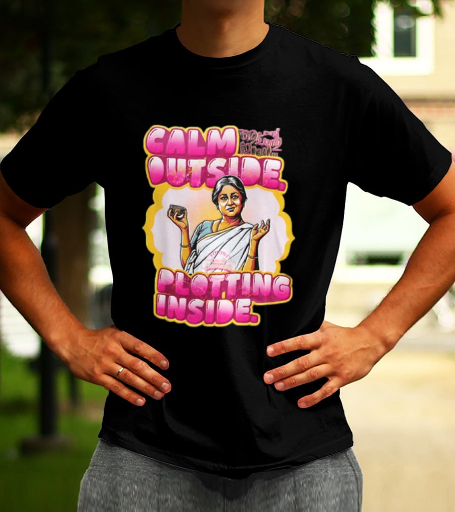 Kaviyoor Ponnamma Calm Outside Plotting Inside Woman Wearing Saree Holding Bowl T-Shirt