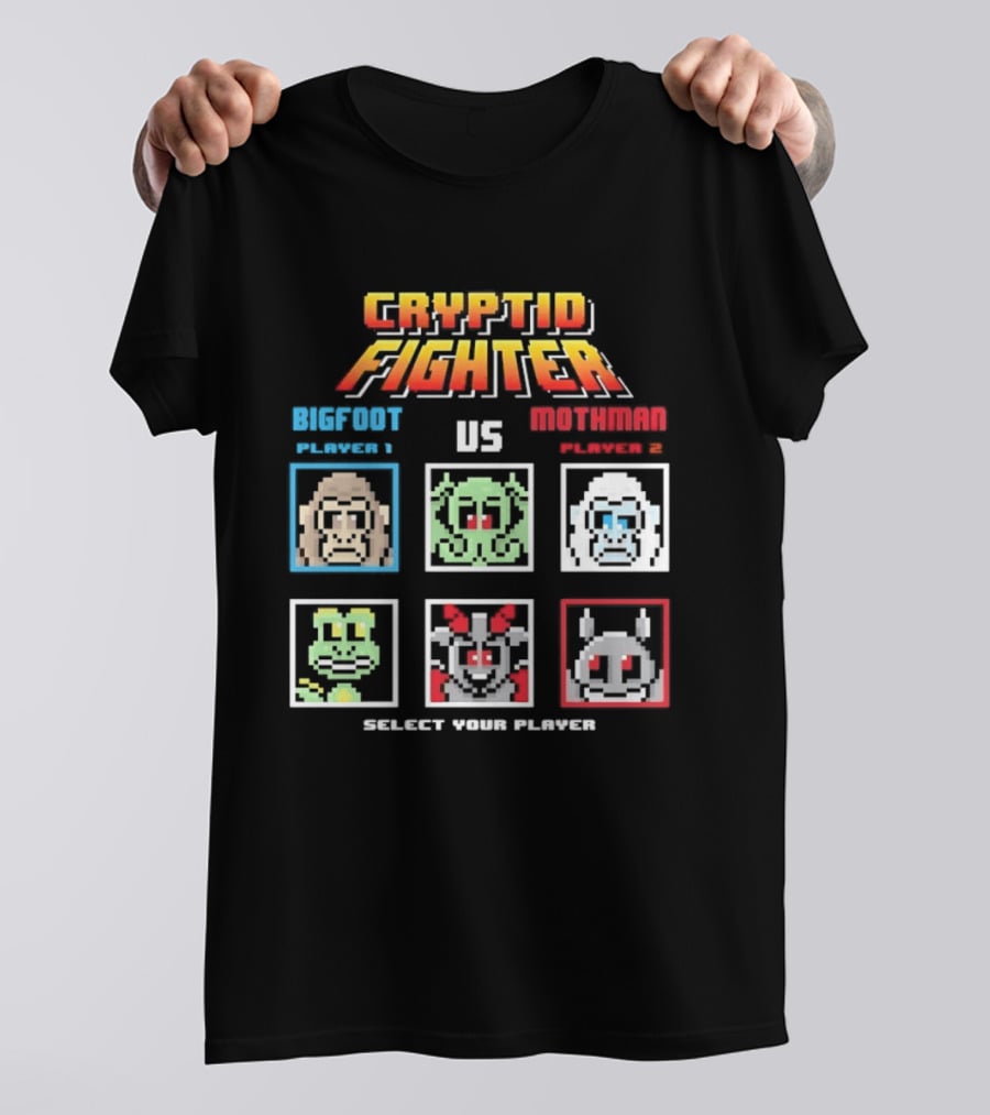 Cryptid Fighter Bigfoot Player 1 Vs Mothman Player 2 Select Your Player T-Shirt